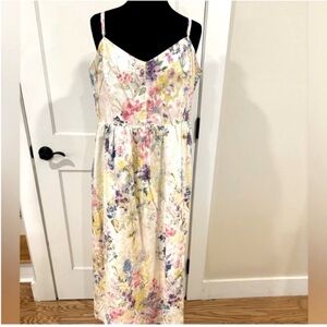 H&M NEW linen floral maxi dress adjustable straps smocked back cream pastels XL